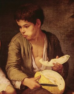 Detail van Twee kinderen die een meloen en druiven eten, 1645-46 door Bartolomé Esteban Murillo
